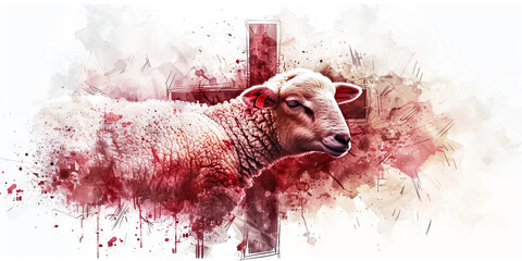 Fototapeta redemption: the lamb and bloodied cross - picture a lamb symbolizing jesus as the sacrificial lamb, and a bloodied cross representing redemption through his blood