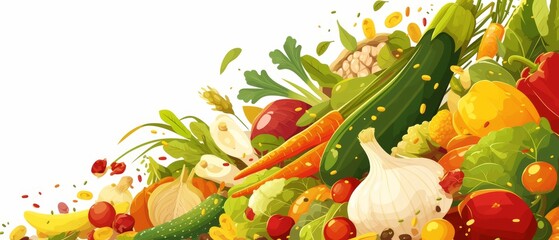 Wall Mural - Farmer's market fruits and vegetables border, fresh produce summer sales banner, rich greens and reds