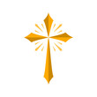 Golden yellow christian crucifix cross religion with light rays flat vector icon design