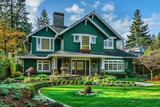 Fototapeta Kuchnia - A forest green classic American house in a suburban area, with a landscaped yard and white trimmed windows.