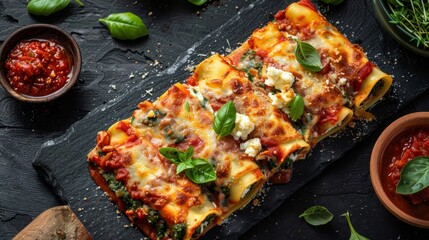 Gourmet top view of cannelloni, rolled pasta tubes filled with ricotta, spinach, and meat, topped with bubbling tomato sauce, isolated background, studio lighting