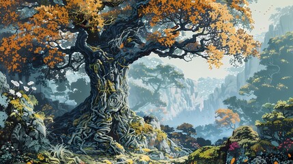 Big tree in the forest landscape illustration poster background