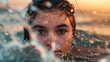 Intense close-up of a young girl submerged in water, with a captivating gaze, during the golden hour.
