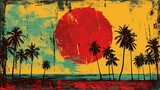 Fototapeta  - Retro beach palm trees scene illustration poster background