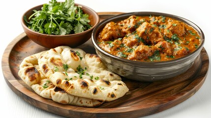 Exquisite food portrait of traditional Asian comfort foods, featuring a bowl of spicy curry and sides of naan and roti, ideal for culinary advertisements, isolated background