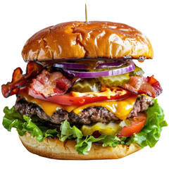 Sticker - A mouthwatering hamburger topped with cheese crisp bacon tangy pickles juicy tomato fresh onions and crispy lettuce set against a transparent background