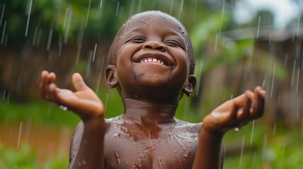 African Boy smiling, eyes closed, happy about the rain. 