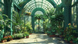 A rich emerald green house with a large, elegant greenhouse filled with tropical plants and flowers.