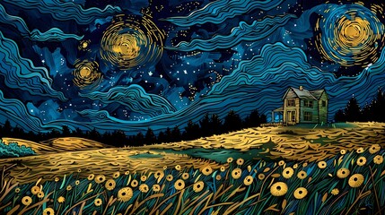 farm starry sky illustration poster background