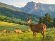 Valley Vista - Peaceful - Rolling Hills - A herd of grazing deer against a mountainous backdrop