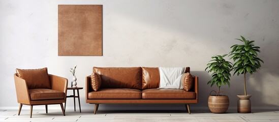 Poster - Brown leather furniture with wood table, potted plant in flowerpot