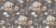 Seamless pattern with fox pirate, watercolor illustration. Fox in night forest. Children's seamless pattern. Dark gray background.