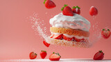 Fototapeta Przestrzenne - Dessert food levitation concept. Strawberry White whipped cream cake on pink background with Generative Ai.
