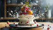 Dessert food levitation concept. Strawberry White whipped cream cake on table background with Generative Ai.