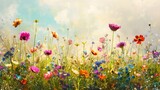 Fototapeta  - Revel in the splendor of a colorful flower field, where the delicate petals sway in the gentle breeze, painting the landscape with nature's palette of hues.