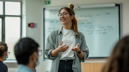 A female lecturer in a modern classroom, interacting with students, informative and approachable, against a simple and elegant background, styled as a higher education teaching shot.