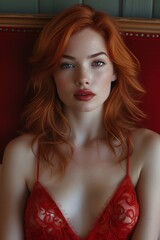 Wall Mural - Attractive female with red hair - wearing a red dress - against a red background 