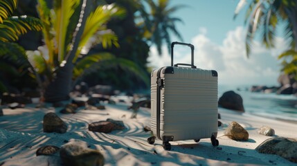 Wall Mural - A solitary white suitcase stands abandoned on a sandy beach, hinting at a story of travel or misadventure.