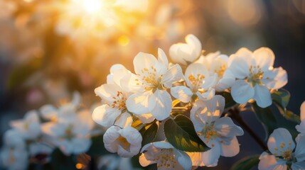 Wall Mural - Fresh spring image of white apple tree blossoms with natural sunlight backlight Bright spring bloom with contrasting colors against a dark outdoor garden backdrop