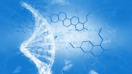 Poster - abstract chemical bonds with dna chain rotation on blue background.