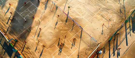 A volleyball court with a group of people playing. The court is filled with people and the sand is very dry