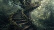 Spiral staircase winding around a large ancient tree in a forest
