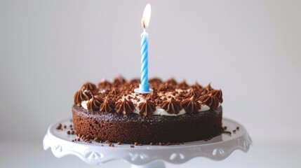 Happy Birthday Cake whit one blue candle isolated on white background