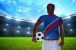 3d illustration young professional soccer player holding a ball in the stadium field with blue sky