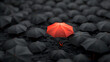A red umbrella stands out in a sea of black umbrellas. Concept of solitude and isolation, as the lone red umbrella is surrounded by many identical black umbrellas