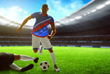 Fototapeta  - 3d illustration young professional soccer player running dribbling and slide tackle in the stadium field with blue sky