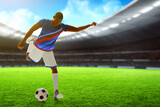 Fototapeta  - 3d illustration young professional soccer player kicking ball in the stadium field with sunset sky