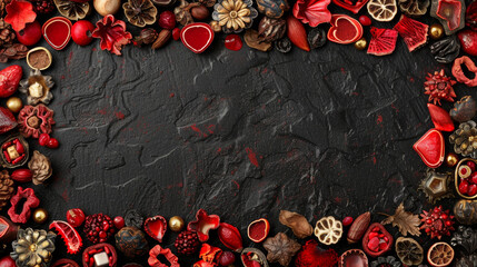 Wall Mural - A black background with red flowers and leaves surrounding it. The flowers and leaves are arranged in a way that creates a sense of depth and texture. Scene is warm and inviting