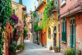 Fototapeta Fototapeta uliczki - A charming Italian village with narrow cobblestone streets and colorful houses