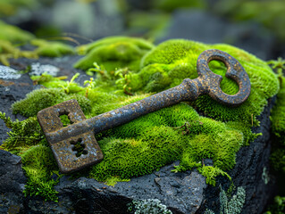 Wall Mural - A rusty key is on top of a rock covered in moss. The key is old and worn, and the moss adds a sense of decay and natural beauty to the scene. The image evokes a feeling of nostalgia