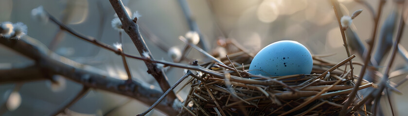 A nest with a blue egg in it. The nest is on a branch of a tree