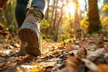 Hiking Boots On Forest Trail In Autumn