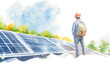 Watercolor illustration. Supervisor is checking on solar panels on rooftop on white background. Man in helmet and uniform. 