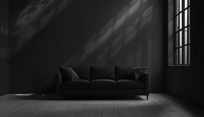 Fototapete - Capture the contrast between a black room and a black sofa. Highlight the interplay of light and shadow