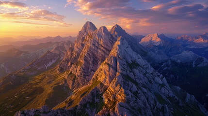 Wall Mural - Aerial view of a mountain range at sunrise, the peaks illuminated with golden light against the shadowed valleys