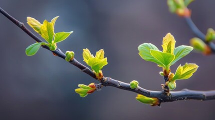 Poster - Macro photograph of fresh leaves sprouting from a tree s main stem