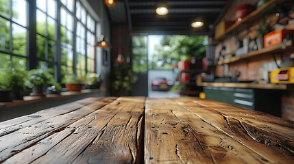 Wall Mural - an empty wooden table with a blurred garage bench background.