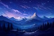 Enchanting night landscape with a full moon casting its glow over snowy mountain peaks and a pine forest. Generative AI