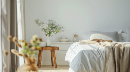 Wall Mural - Bedroom in neutral tones and minimal decor bathed with natural light coming from a window. Interior design chic bedroom composition.