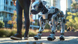 A Person Takes a Stroll with Their Advanced Robotic Pet Dog. Exploring the Bond Between Humans and AI: A Robotic Dog as a Modern Companion on a City Walk - Image made using Generative AI