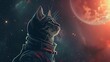 A cat in a spacesuit is looking up at a red planet