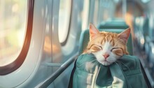 A Cat Is Sleeping On A Green Bag In A Train By AI Generated Image