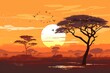 Stylized African savanna landscape at sunset with acacia trees silhouetted against a warm sky. Generative AI