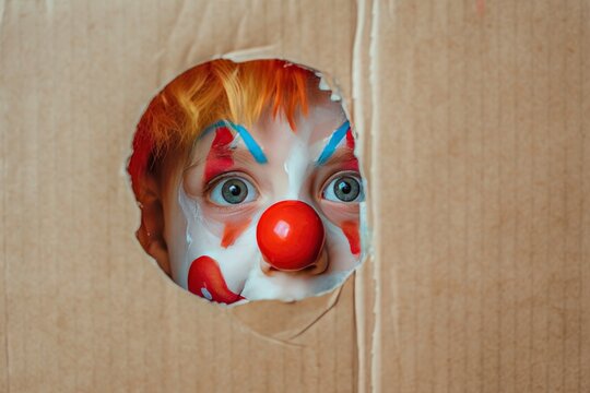 Funny kid clown looking through hole on cardboard. Child playing at home. 1 April Fool's day concept. Copy space - generative ai
