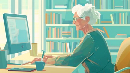 Wall Mural - Illustrated elderly lady at a computer, surrounded by books, great for education and lifelong learning themes.