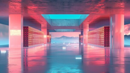 Poster - Panoramic Data Center in Research Lab with LED Lights - Symbol of Technological Progress